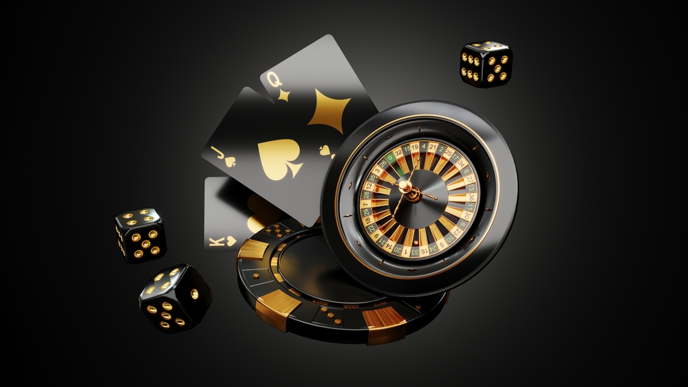 Casino,Chips,,Cubes,,Roulette,,Drum,On,Dark,Black,Background,