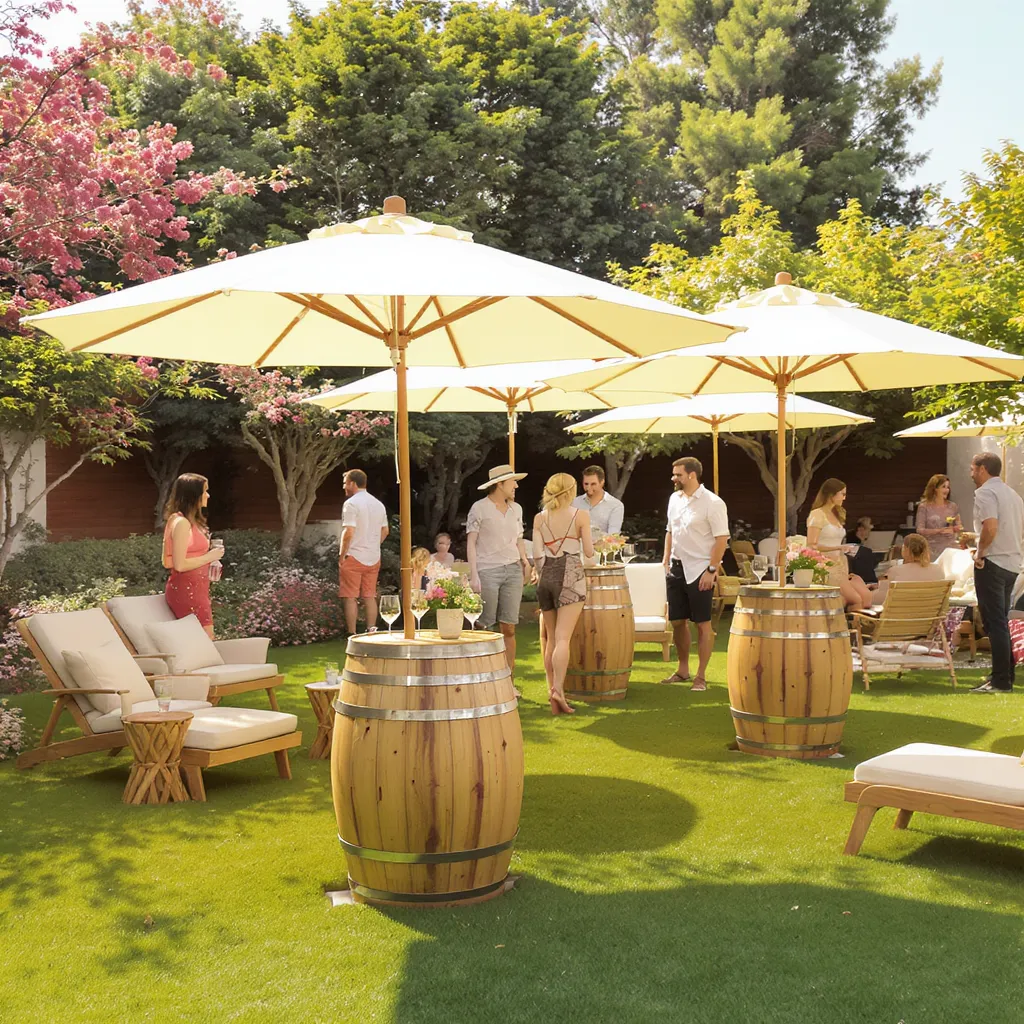 Gartenparty mit Sonnenschirmen und Gästen. Holzfass Stehtisch mieten