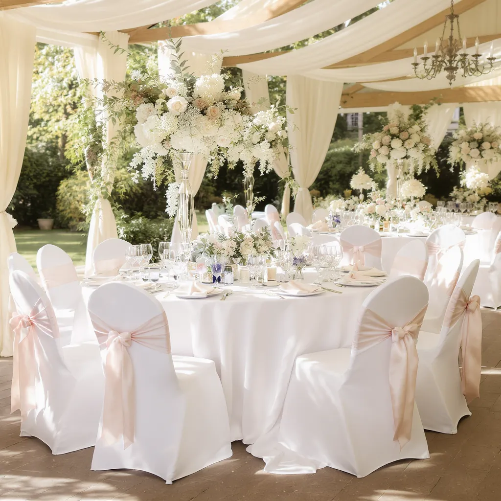 Elegante Hochzeit mit weißen Stuhlhussen. Hussen mieten: Stilvolle Stehtischhussen und Eventausstattung 