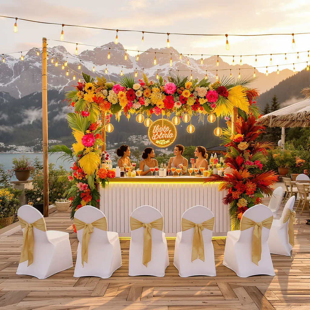 Blumenarrangement und Bar mit Aussicht. Stuhlhussen Verleih – Stilvoll mieten