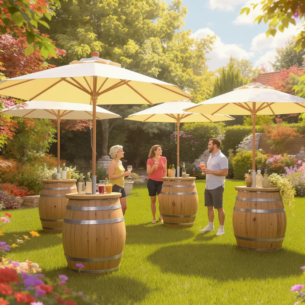 Geselliges Beisammensein im Garten. Stehtische mieten Zürich