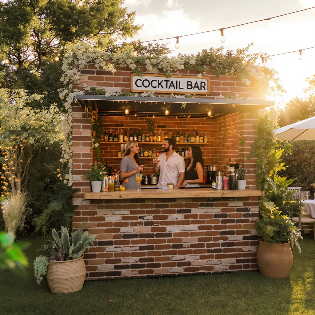 Gemütliche Cocktailbar im Freien. Cocktailbar mit Backstein-Dekor mieten für mobile Events: achen Sie Ihr Event unvergesslich mit einer Cocktailbar mit Backstein-Dekor.