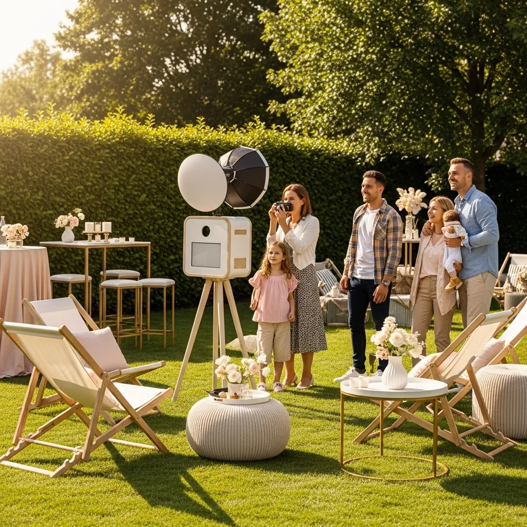 Familienfeier im Garten mit Fotobox. Familienfest mit Fotobox & Mietmobiliar