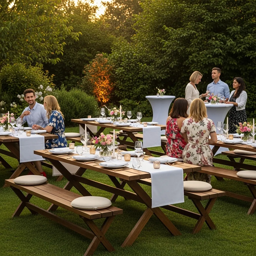 Elegantes Gartenessen mit Freunden. Festbank Garnitur mieten: Tipps für gelungene Events
