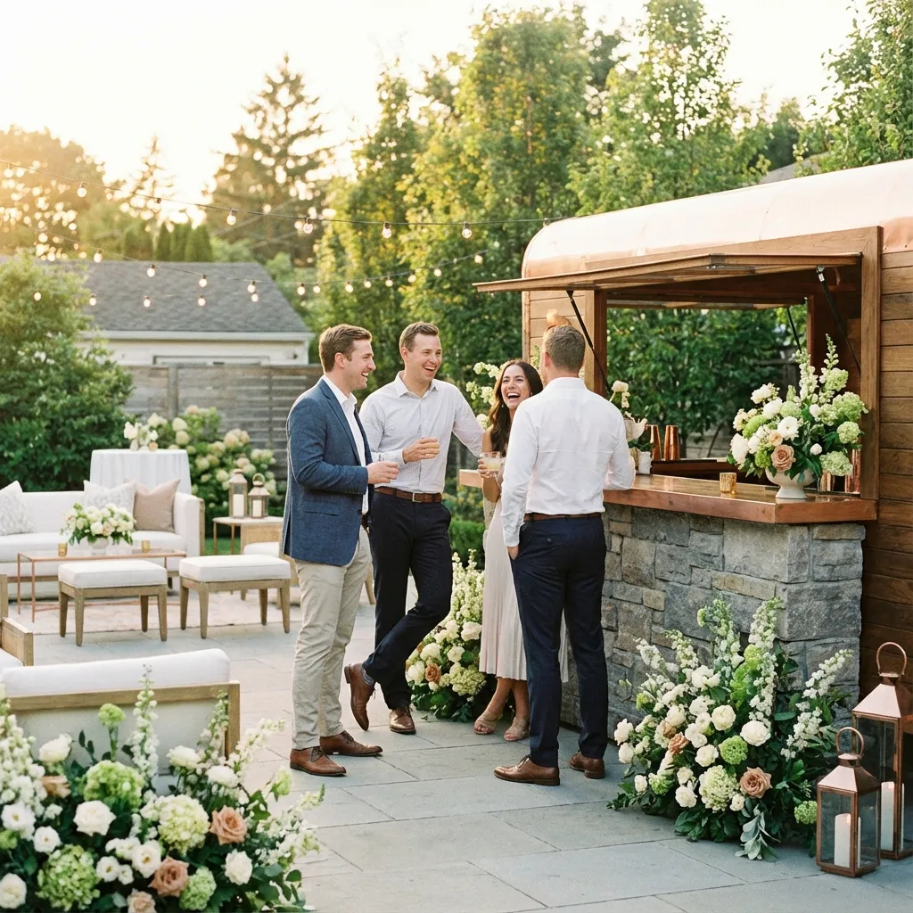 Elegante Gartenparty mit Freunden und Getränken. Firmenfeier planen: Tipps für ein erfolgreiches Event