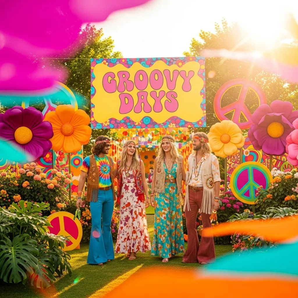 Bunte Blumen und fröhliche Menschen. Flowerpower Dekoration für farbenfrohe Events