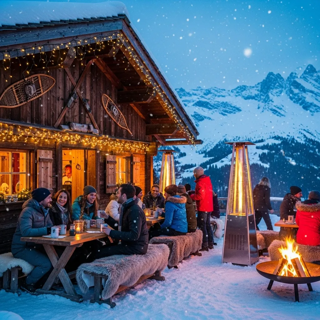 Gemütliche Hütte im Schnee bei Nacht. Heizpilz mieten für Ihre perfekte Hüttengaudi 