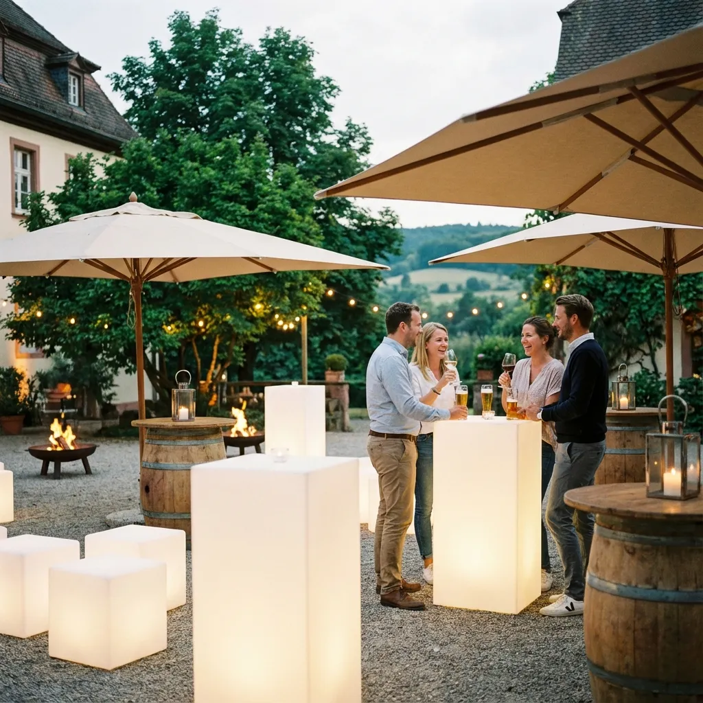 Gemütliche Gartenparty mit LED-Tischen. Stehtische mieten für Veranstaltungen