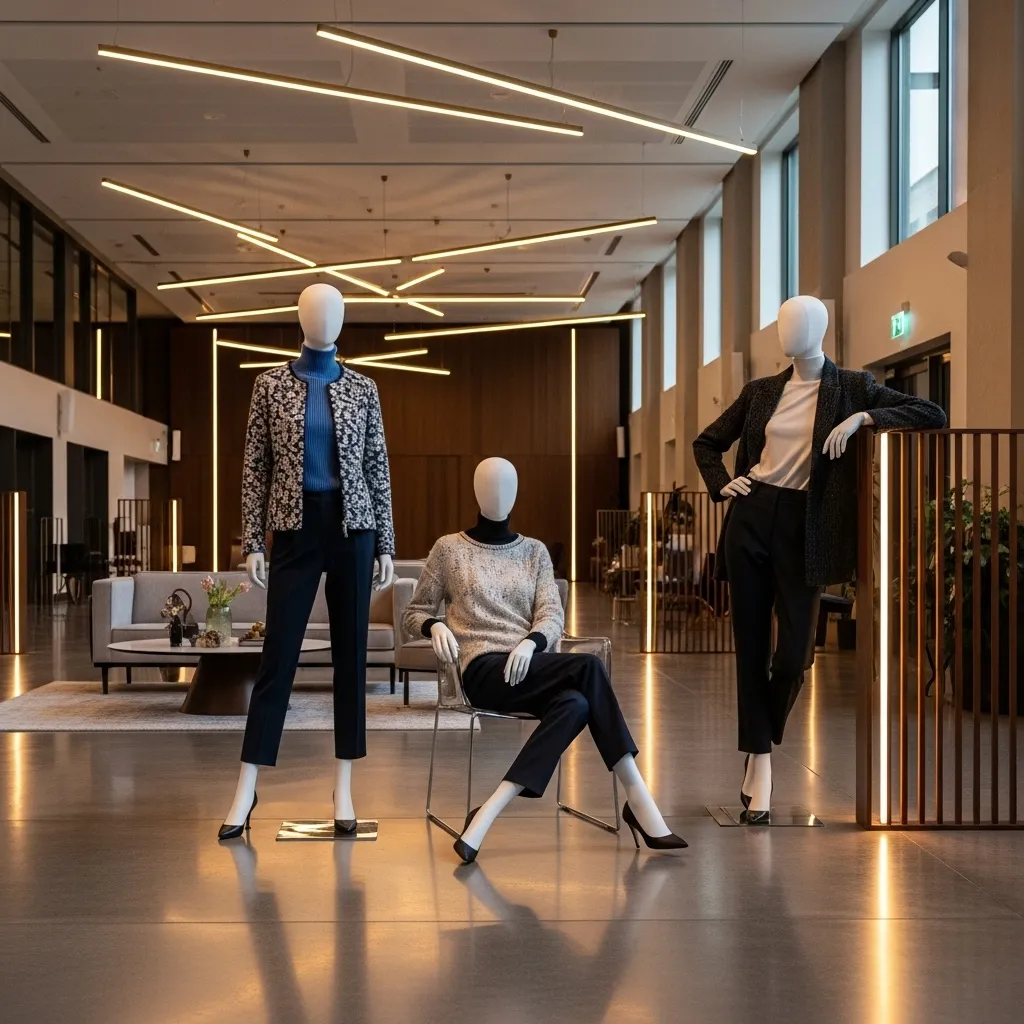 Drei Schaufensterpuppen in modernem Raum. Sitzende Schaufensterpuppen mieten für Events