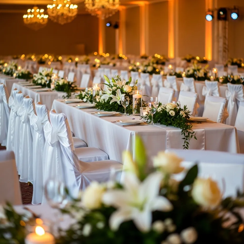 Elegante Tischdekoration für festliche Anlässe. Stuhlhussen mieten Stil & Schutz für Events