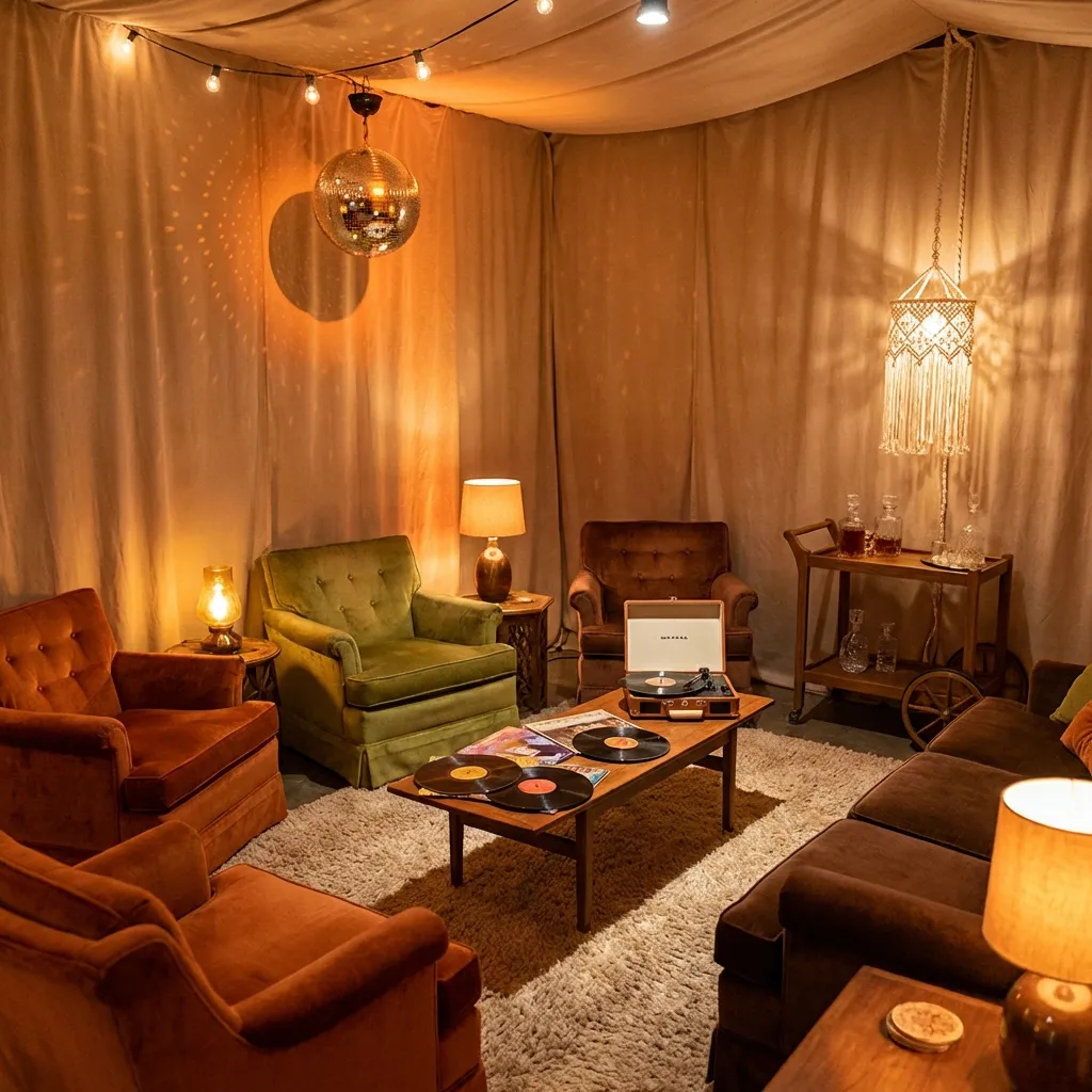 Gemütlicher Raum mit Vintage-Möbeln. 70er Party organisieren