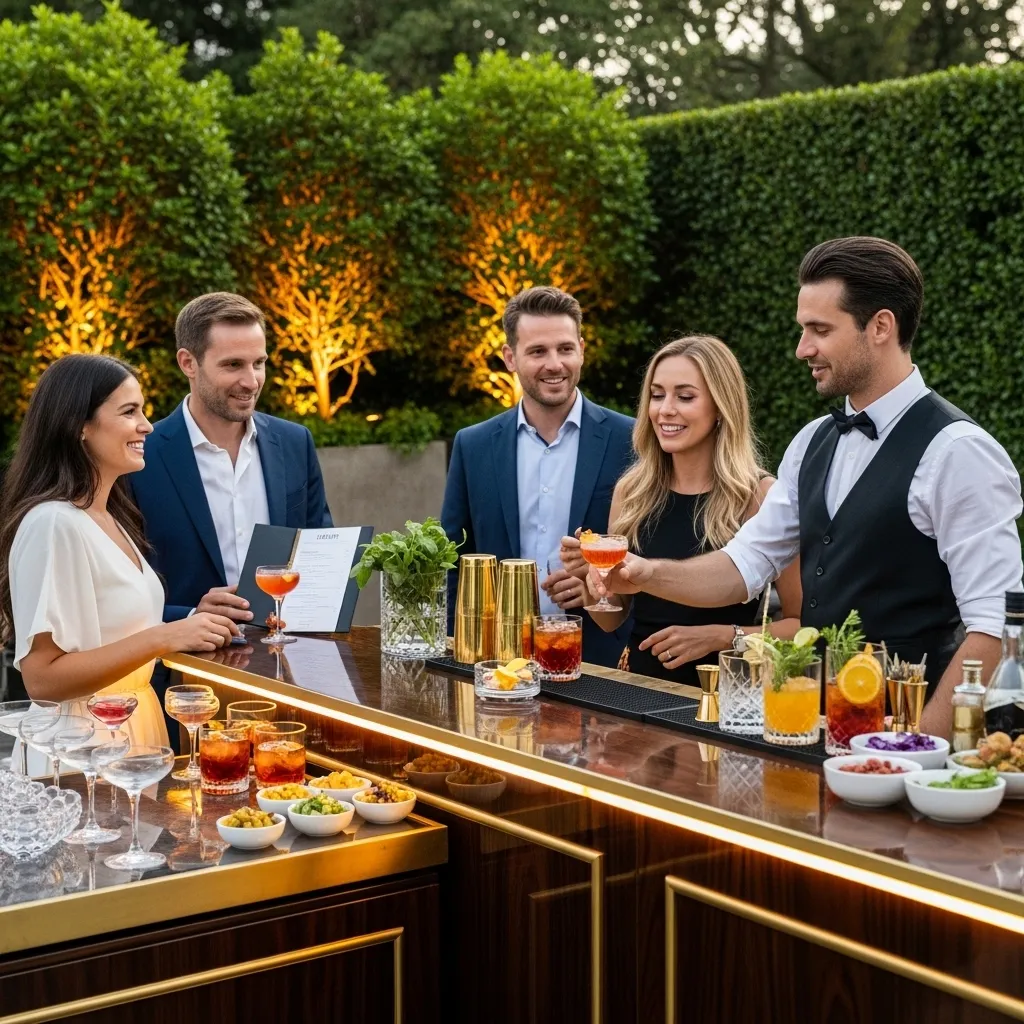 Elegante Cocktailbar mit Gästen im Freien. Creative Cocktail Bar Concepts for Modern Events
