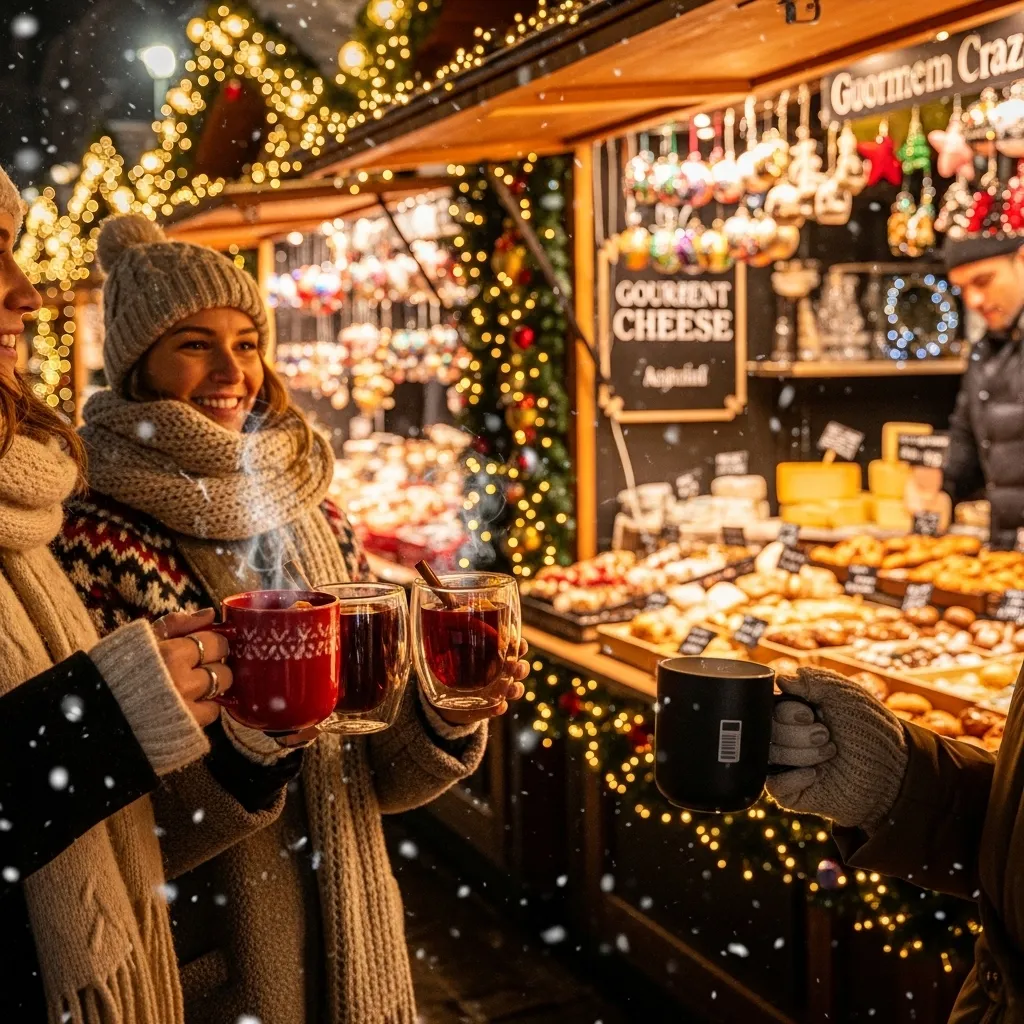 Zwei Personen mit Glühwein auf Weihnachtsmarkt. Glühweintassen mieten für Ihre Winterevents