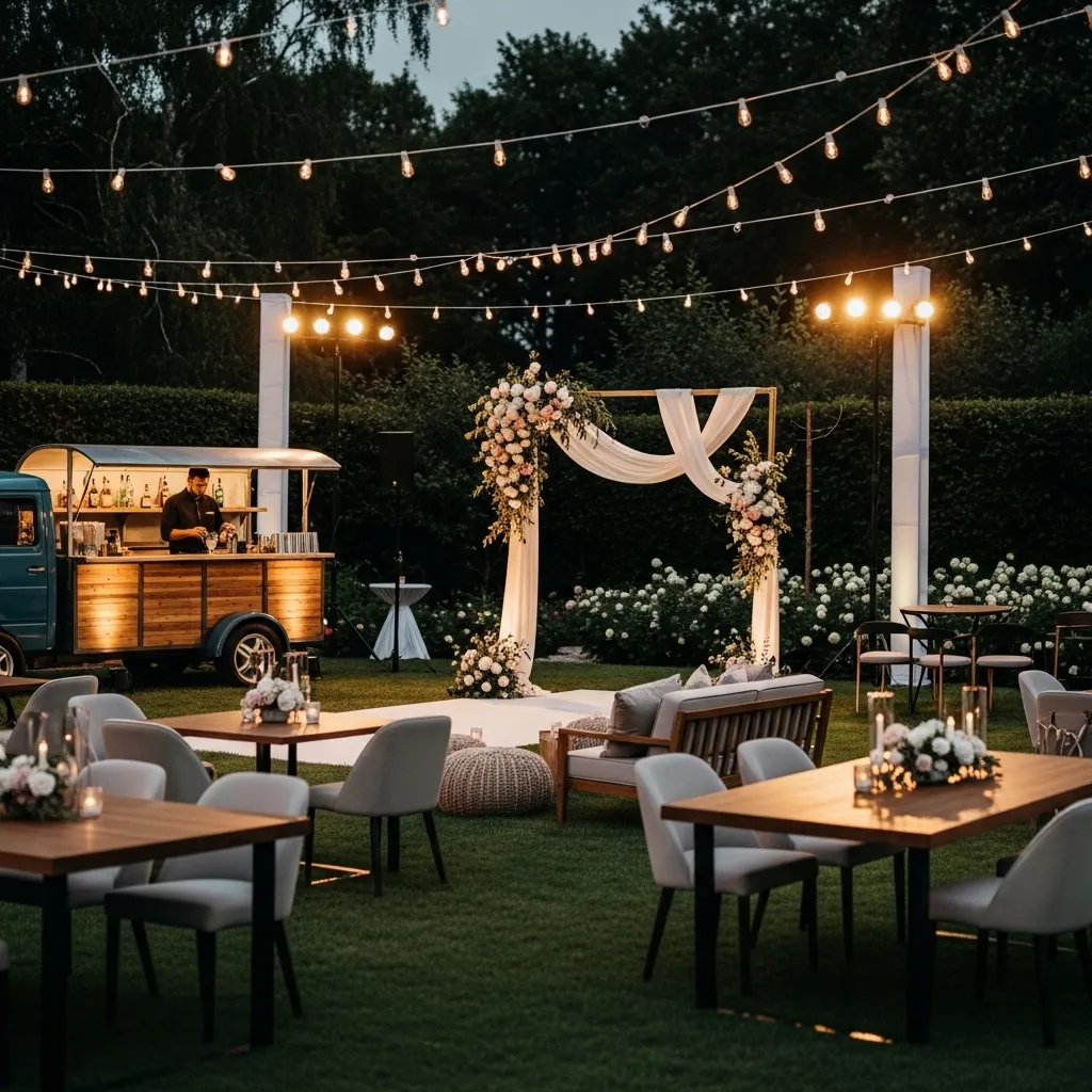 Elegante Gartenhochzeit mit festlicher Beleuchtung. Hochzeitsdeko und Event Equipment mieten