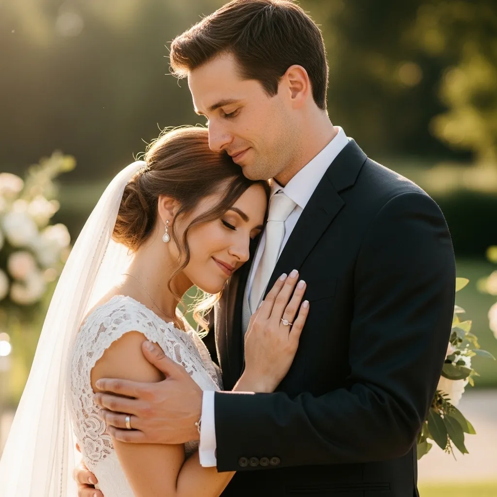 Brautpaar in romantischer Umarmung. Hochzeitsfotograf buchen – Tipps für perfekte Auswahl