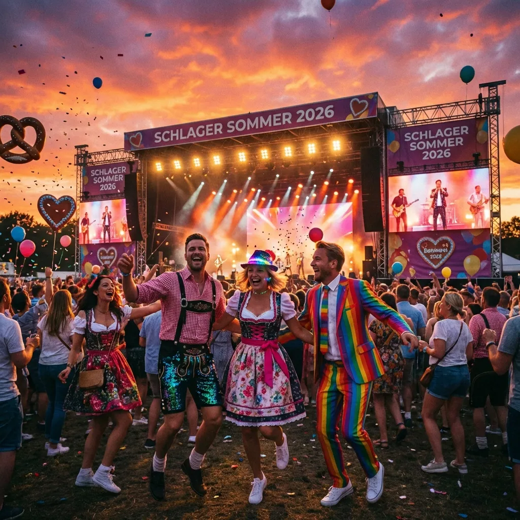 Bunte Feier auf einem Musikfestival. Schlager Music Festivals 2026: Die besten Tipps