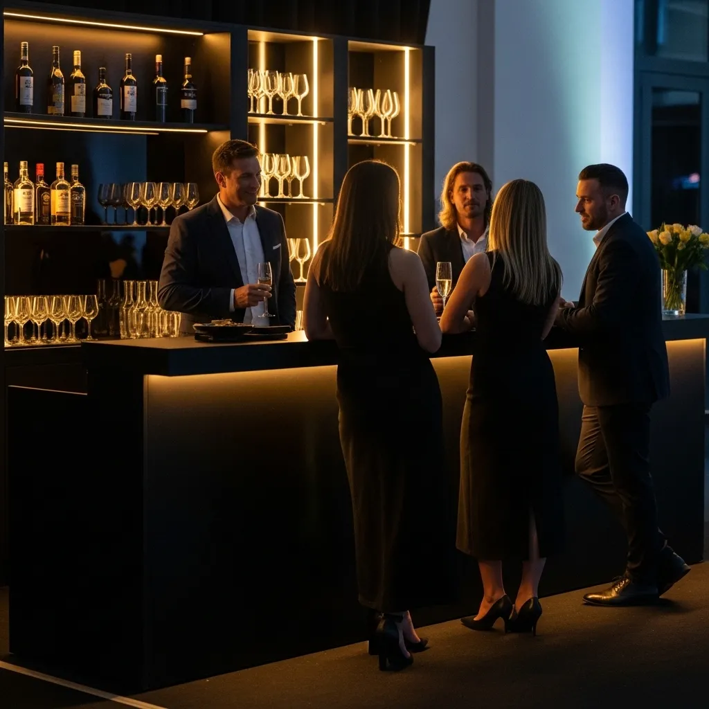 Elegante Bar mit Gästen bei Nacht. Schwarze Bar – Elegantes Design für vielseitige Events