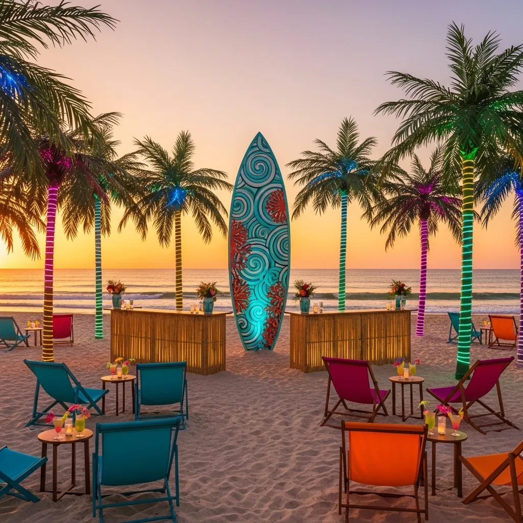 Tropischer Strand mit bunten Liegen. Surfbrett Dekoration: Tropisches Flair für Ihre Events
