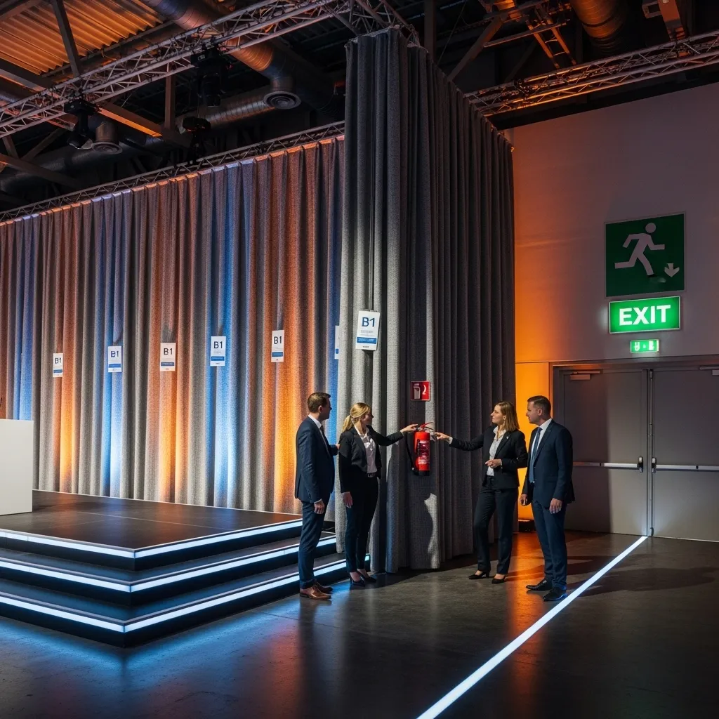 Sicherheitsübung mit Feuerlöscher und Personen. Vorbeugender Brandschutz in der Eventbranche