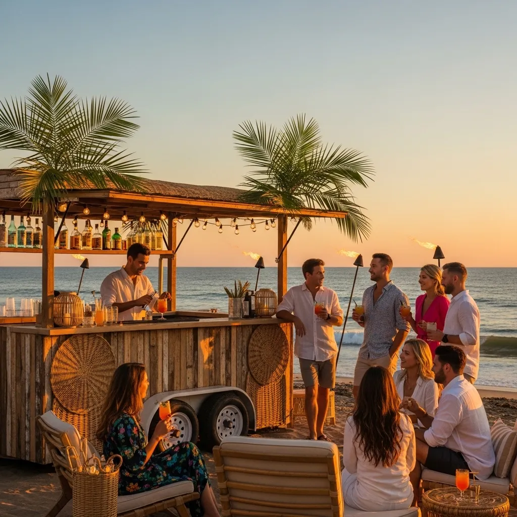 Strandbar mit Sonnenuntergang und Cocktails. Beach Bar Rental Guide