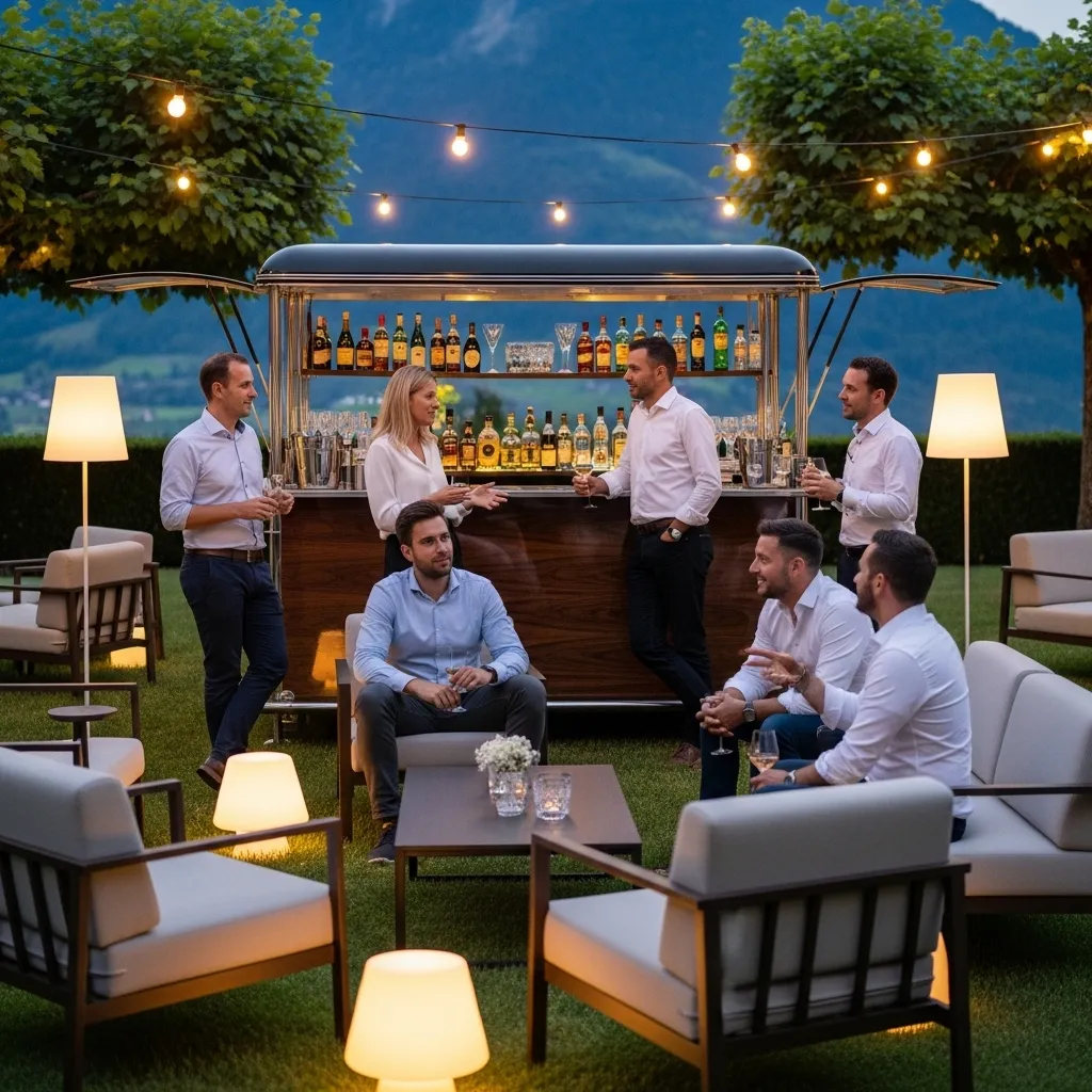 Geselliges Treffen an einer Bar draußen. Business Event Planning für erfolgreiche Firmenevents