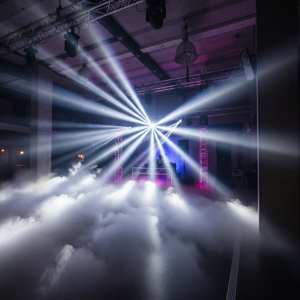 Lichtstrahlen durch Nebel auf Bühne. DJ FLOOR FOG Nebelmaschine mieten
