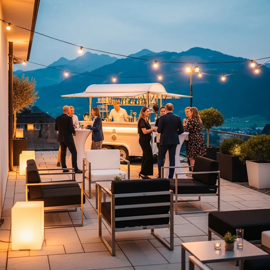 Dachterrasse mit Bar und Gästen. Deko und Zubehör für Events mieten. Kreative Deko und Zubehör Ideen für Events. Tipps zur Event Dekoration, Planung und zum Mieten.