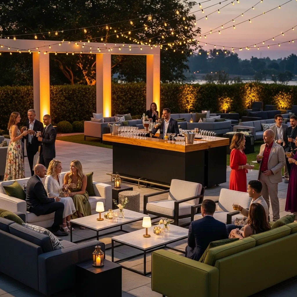 Elegante Gartenparty bei Sonnenuntergang. Eventdesign in der Praxis: Stimmiges Konzept mit Mietmobiliar