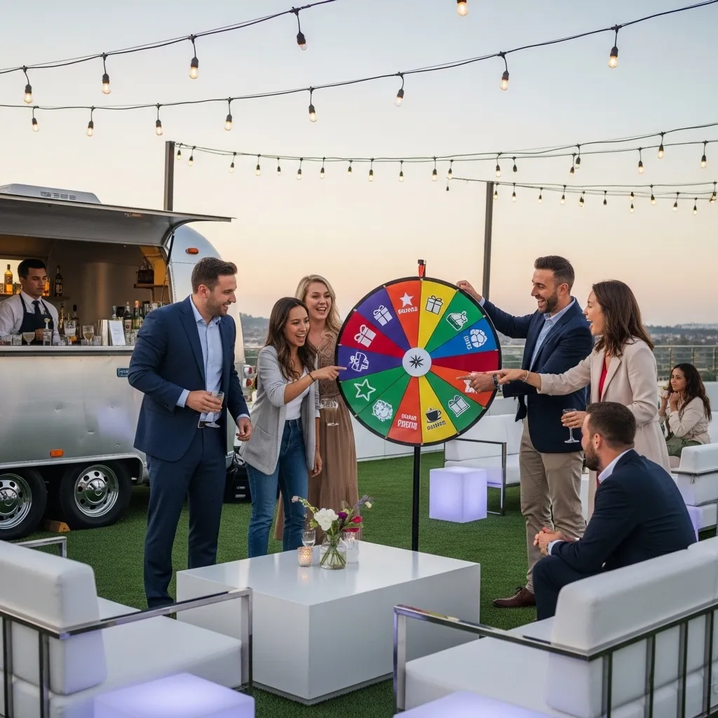 Glücksrad-Event auf einer Dachterrasse. Glücksrad mieten: Interaktivität die begeistert