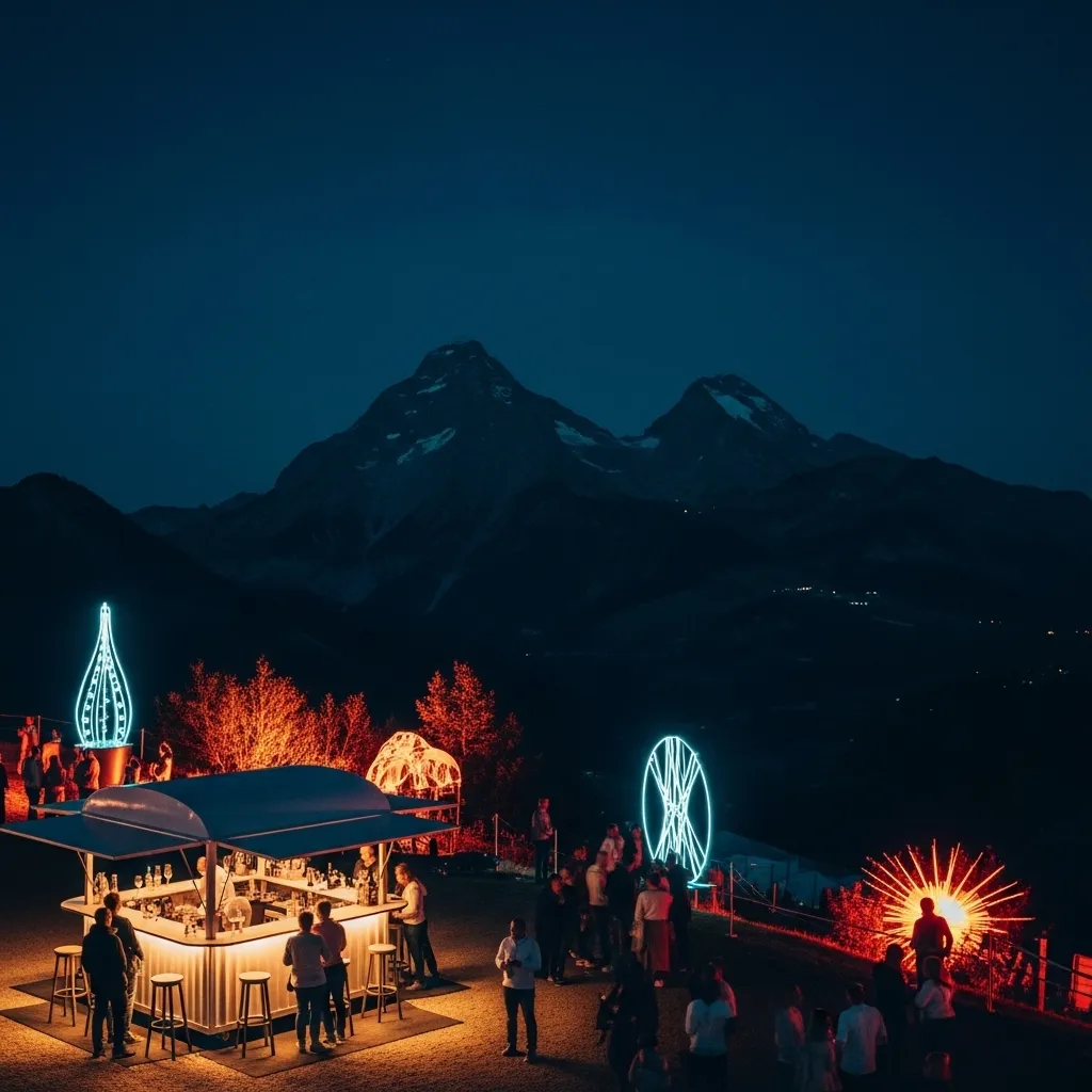 Nachtfest mit Lichtern und Menschen. Licht Festival Rigi mit M. Dubach Barvermietung