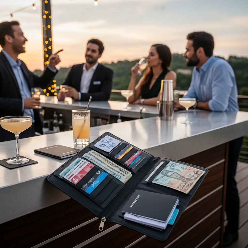 Menschen genießen Drinks auf Terrasse. Service Portemonnaie mieten