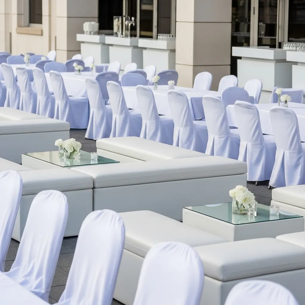 Elegante Tische mit weißen Hussen. Bankhussen mieten für Events
