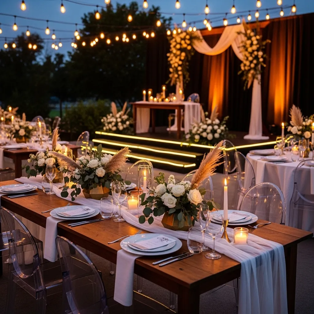 Elegante Hochzeitsdekoration bei Nacht. Thematische Hochzeiten: Von Vintage bis Futuristisch