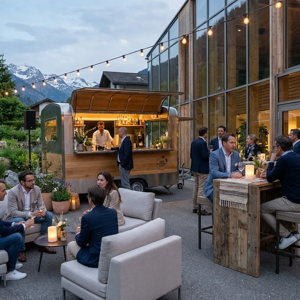 Gemütliche Feier mit Foodtruck und Gästen. Firmenfeier planen mit  openairbar.ch – richtig und nachhaltig feiern