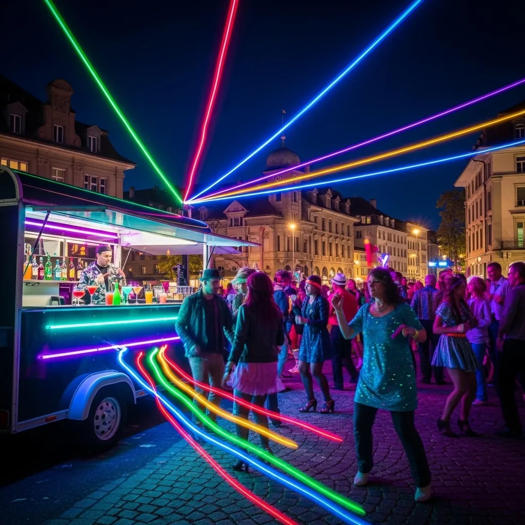 Neonlichter, Tanzende Menschen, Partyatmosphäre. 80s Neon Night Bar mieten