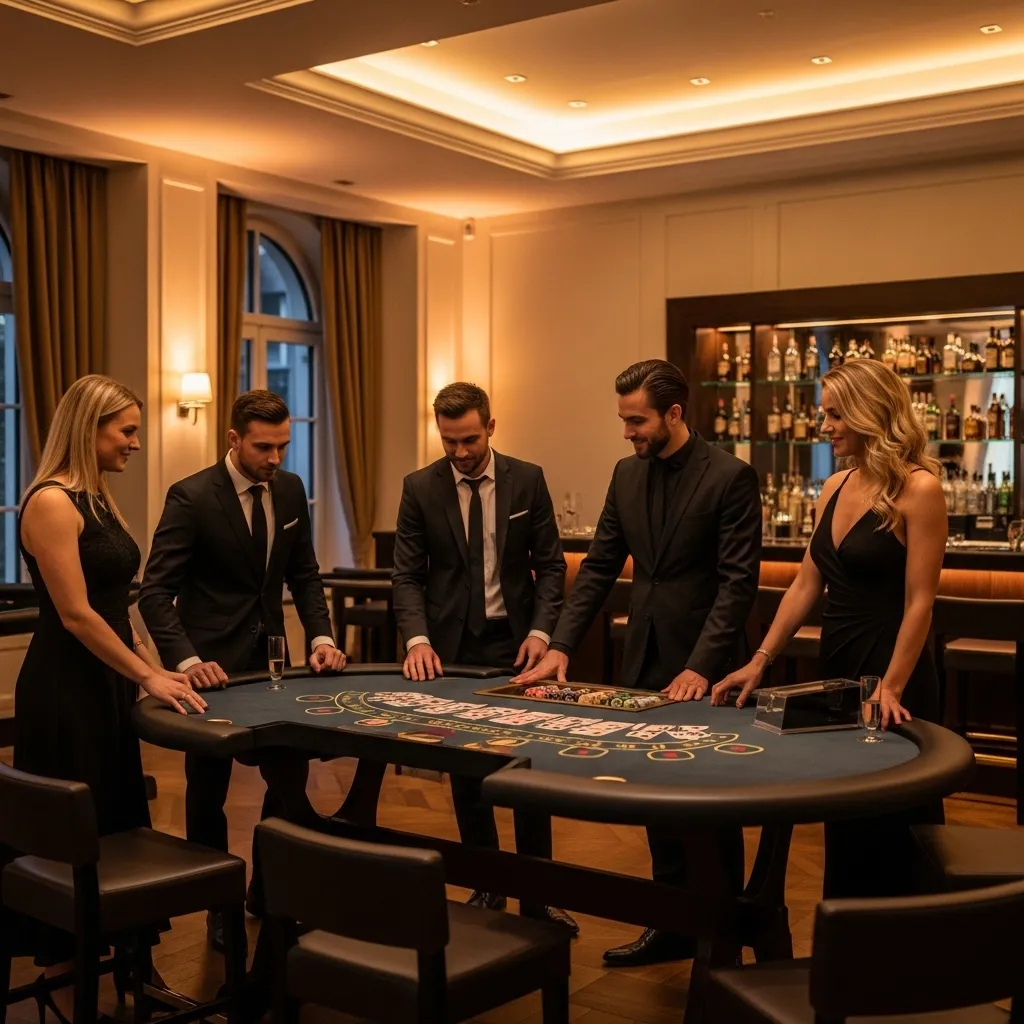 Elegante Menschen spielen am Casino-Tisch. Casino Royale Event buchen