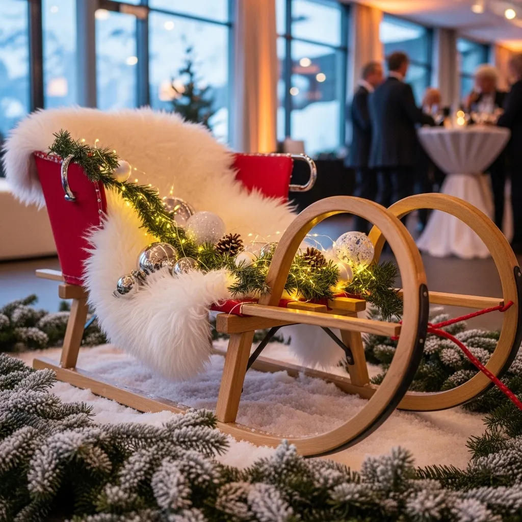 Weihnachtlicher Schlitten mit Dekoration. Davoser Holz Schlitten mieten für Dekoration
