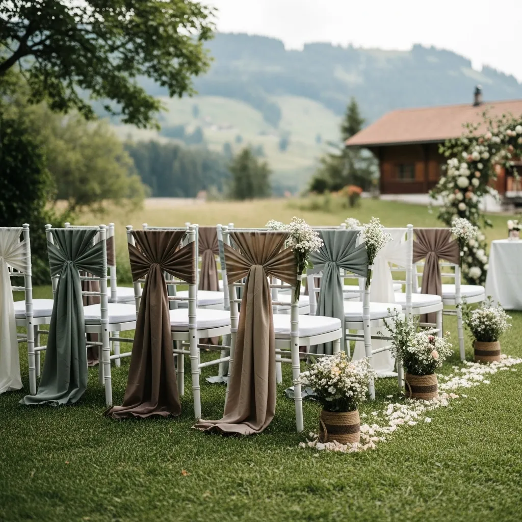 Stühle mit Schleifen in der Natur. Dekorationsideen für Hochzeiten: Stuhlschleifen mieten