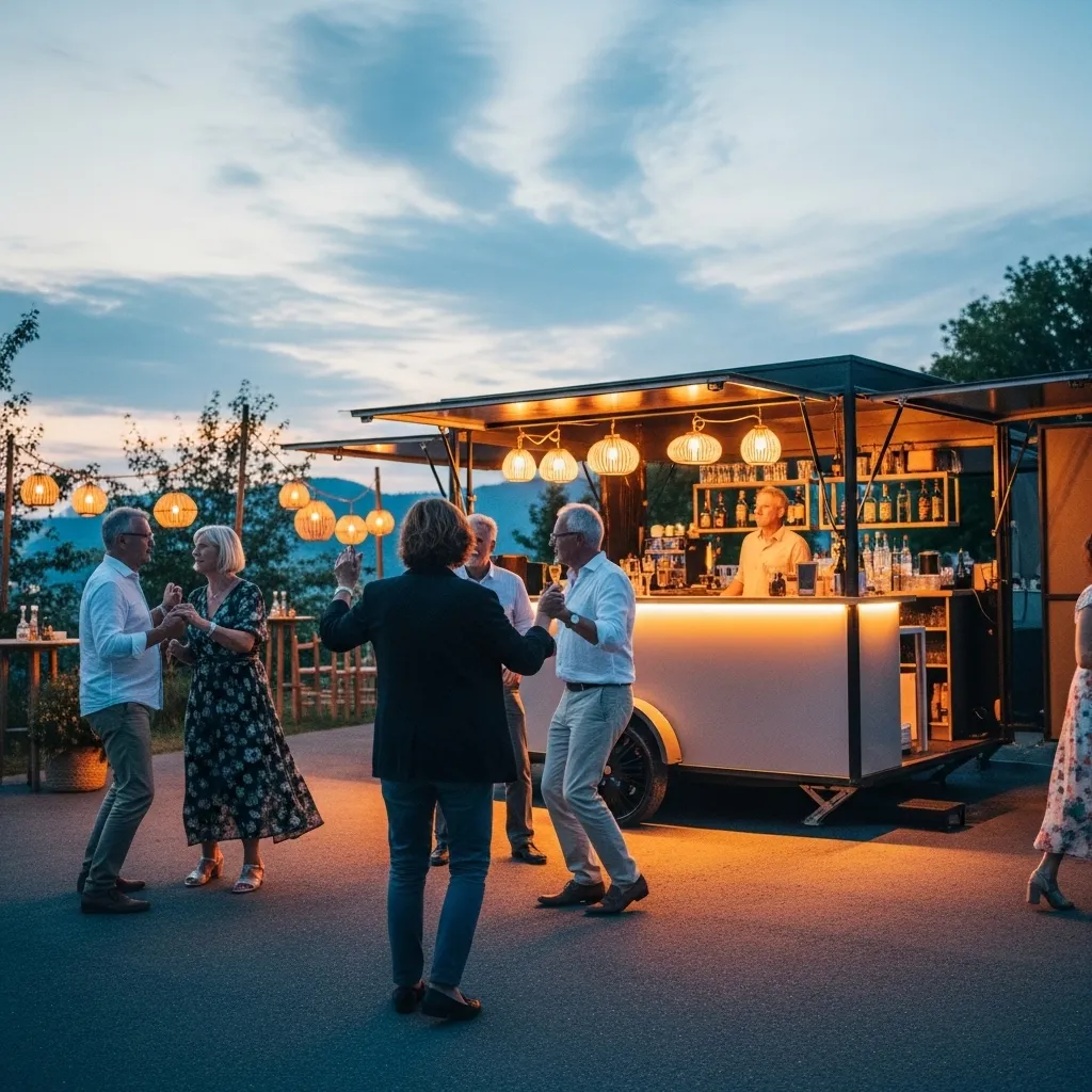 Tanzende Menschen vor einer Bar. Disco Events for Over 50 stilvoll organisieren mit openairbar.ch