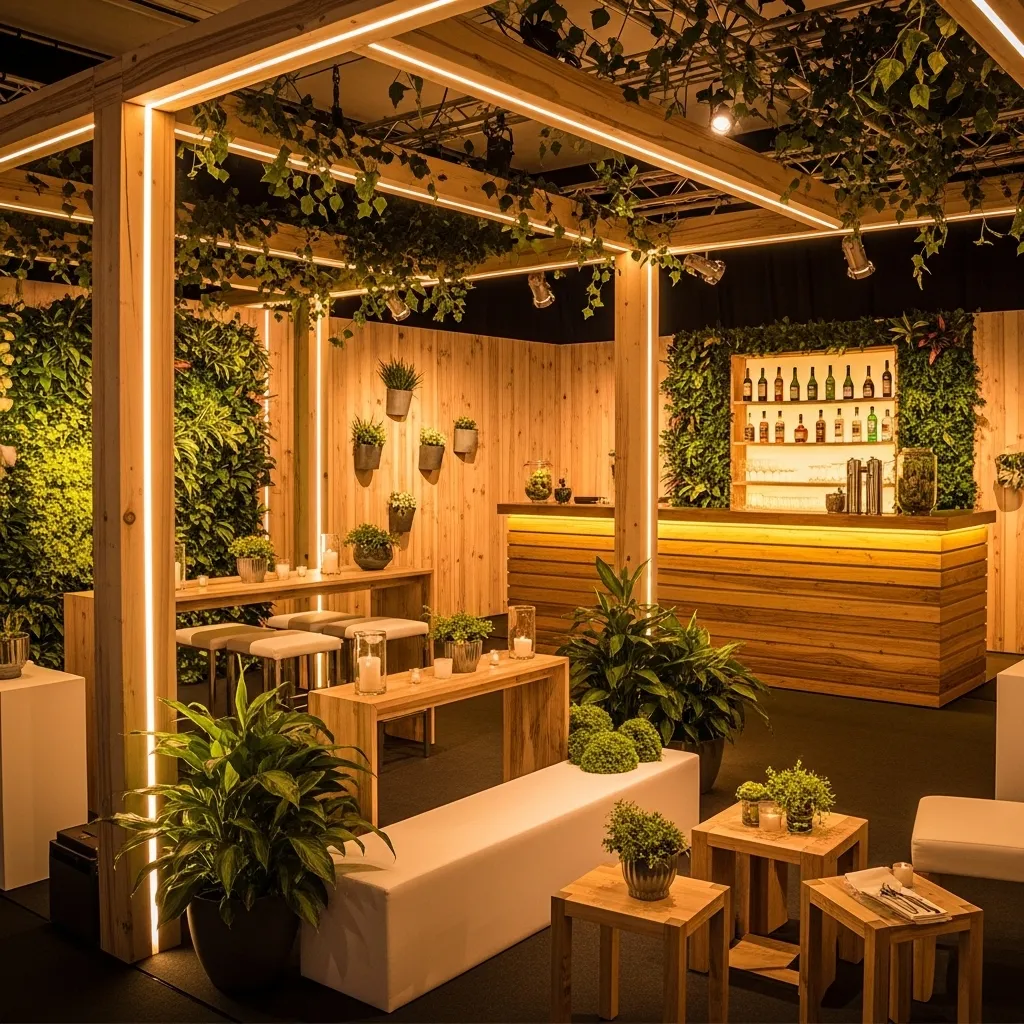 Moderne Bar mit Pflanzen und Holz. Event Dekoration mieten für stilvolle Anlässe