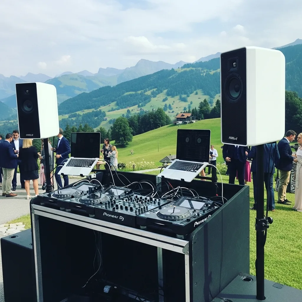 DJ-Setup mit Lautsprechern in der Natur. Event Equipment mieten