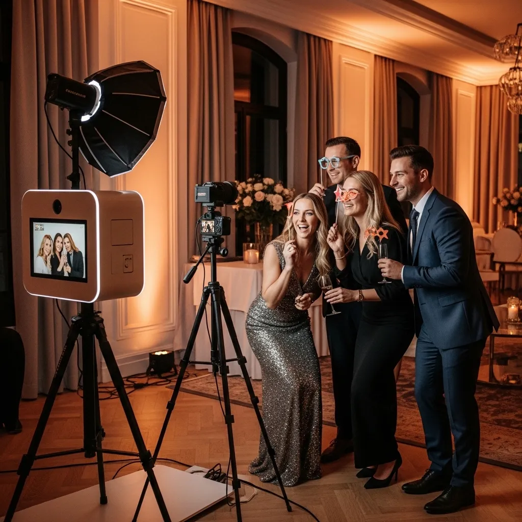 Freunde posieren vor Fotobox. Fotobox mieten von Openairbar – für Events in der Schweiz