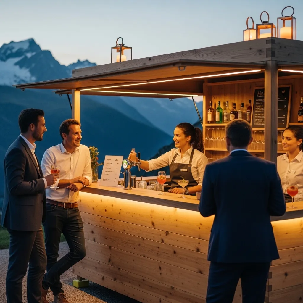 Moderne Bar mit Bergblick bei Abenddämmerung. Getränkestand mieten für Events Trends und nachhaltige Ideen: Entdecken Sie die wichtigsten Getränke Trends 2026.