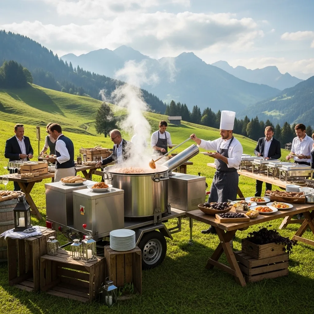 Kochveranstaltung in malerischer Landschaft. Gulasch Kanone mieten