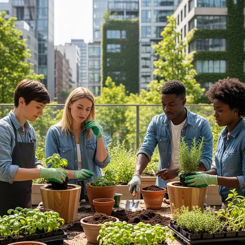Gemeinsames Pflanzen von Kräutern im Garten. Kräuter für den Garten – Urban Gardening im Team