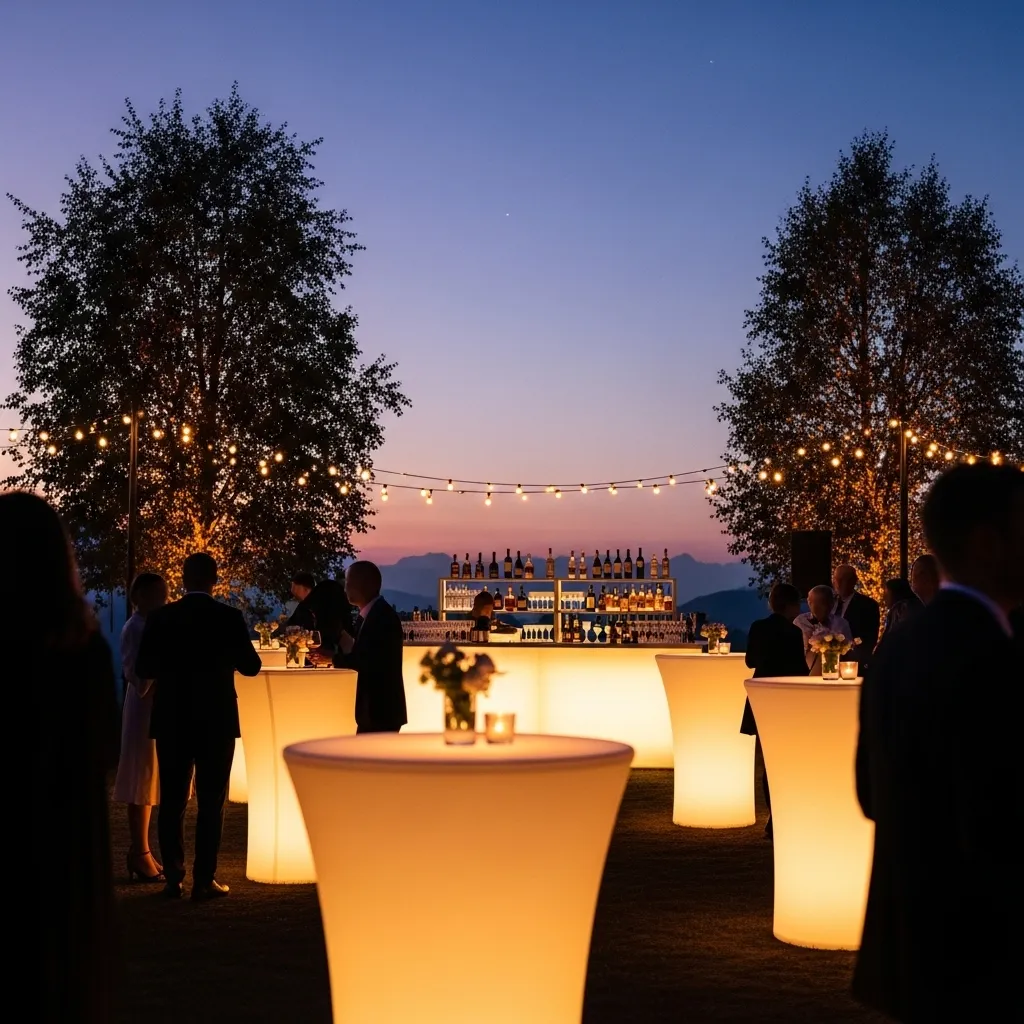 Abendveranstaltung mit beleuchteten StehtischenLed Stehtische mieten für Events.