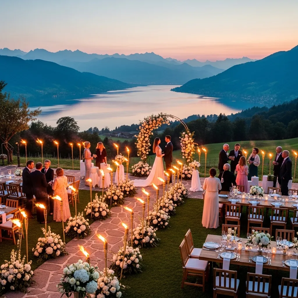 Romantische Hochzeit mit schöner Aussicht. Led Fackeln mieten für Hochzeit – Stilvolle Beleuchtung