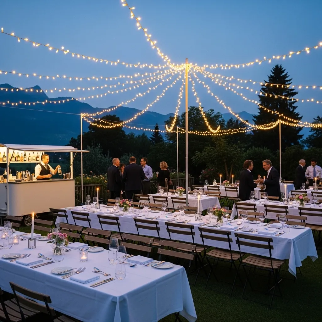Elegante Feier im Freien bei Nacht. Outdoor Lichterkette mieten