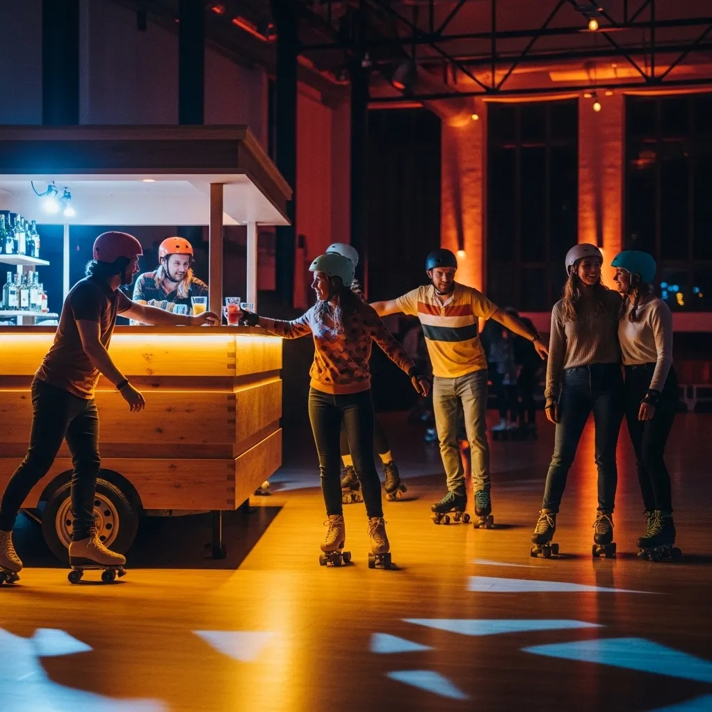 Rollschuhfahren in einer Disco-Atmosphäre. Rollschuh Disco planen mit Bar