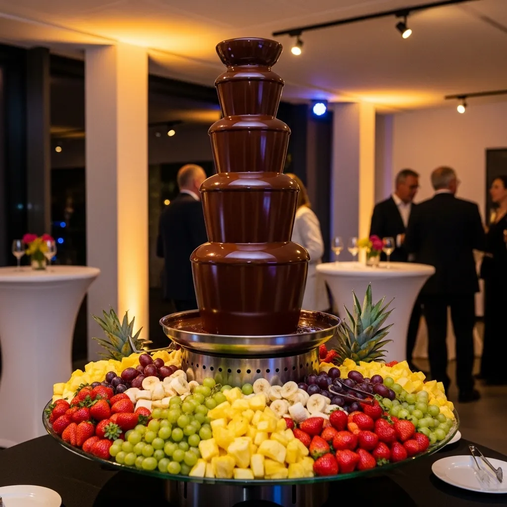 Schokoladenbrunnen mit frischen Früchten. Schokobrunnen mieten für Parties